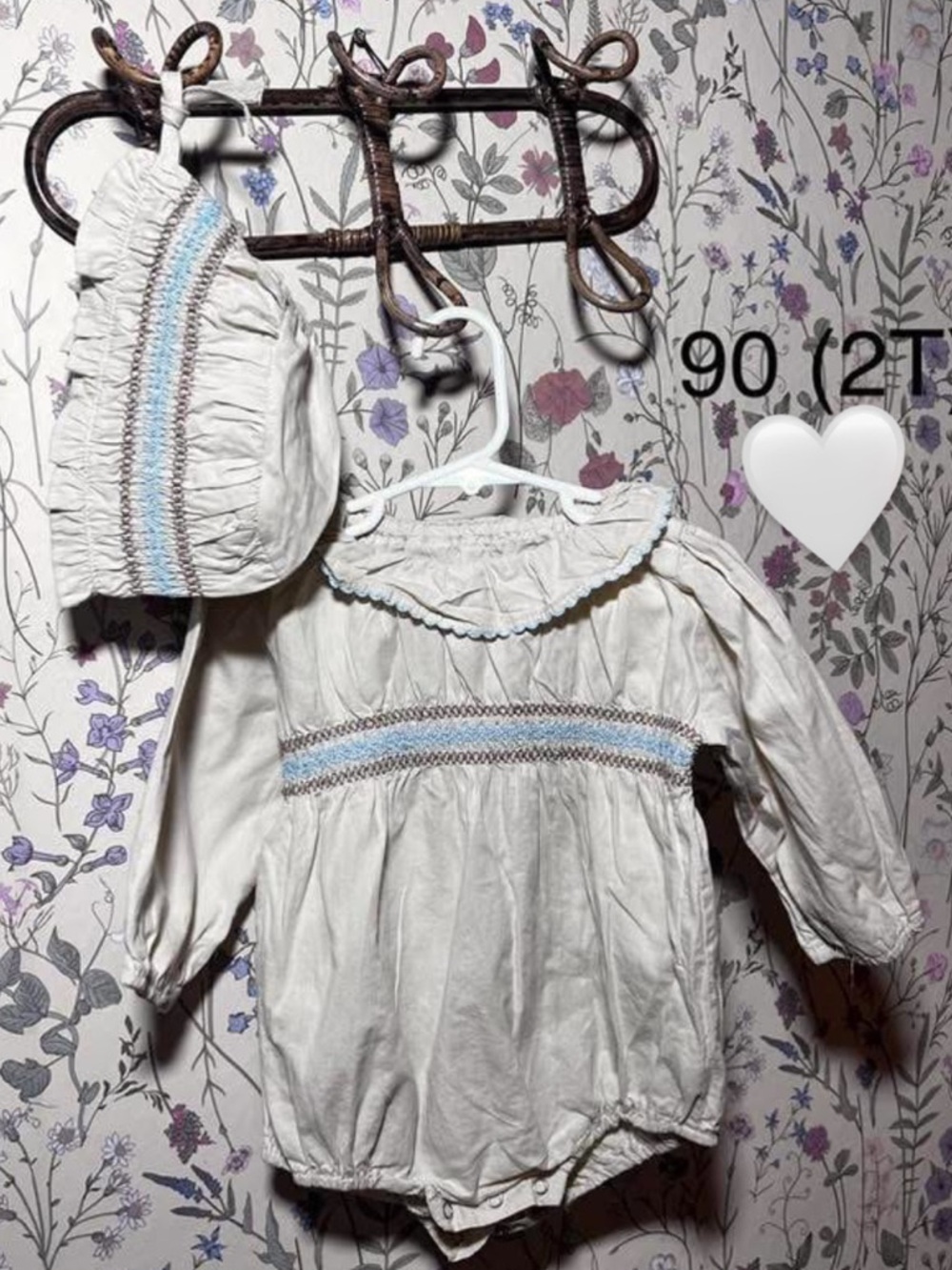 White Smocked Baby Romper with Matching Bonnet